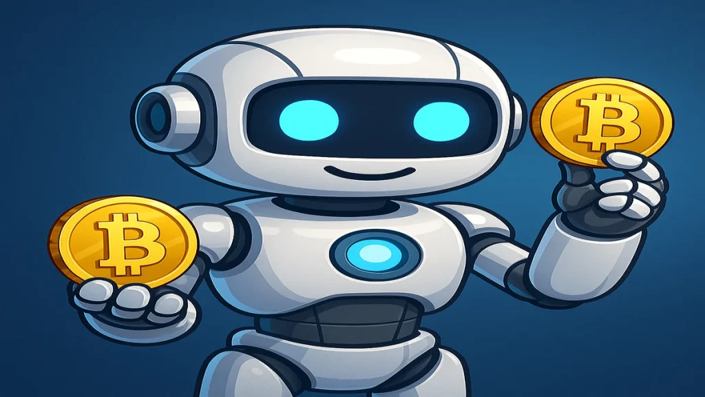 Ilustración de un robot amistoso sosteniendo monedas digitales, representando el uso de IA en criptomonedas